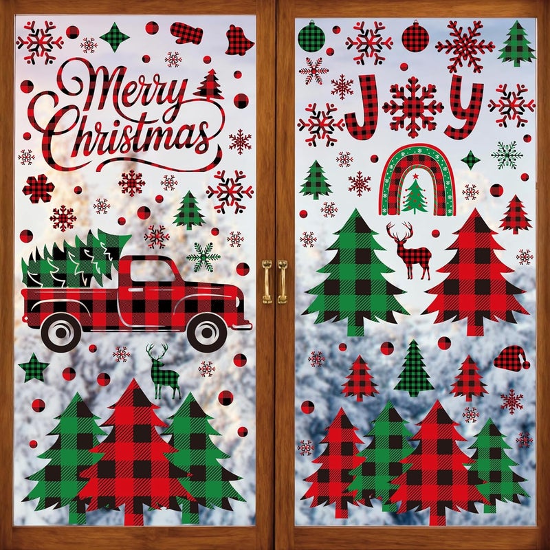 Traplace 217 PCS Merry Christmas Window Clings, Red Black Green Plaid Christmas Tree Patterned Decorations, Double Sided Snowflake Decals Stickers for Winter Xmas Party Home Indoor Decorations Decor - Image 1